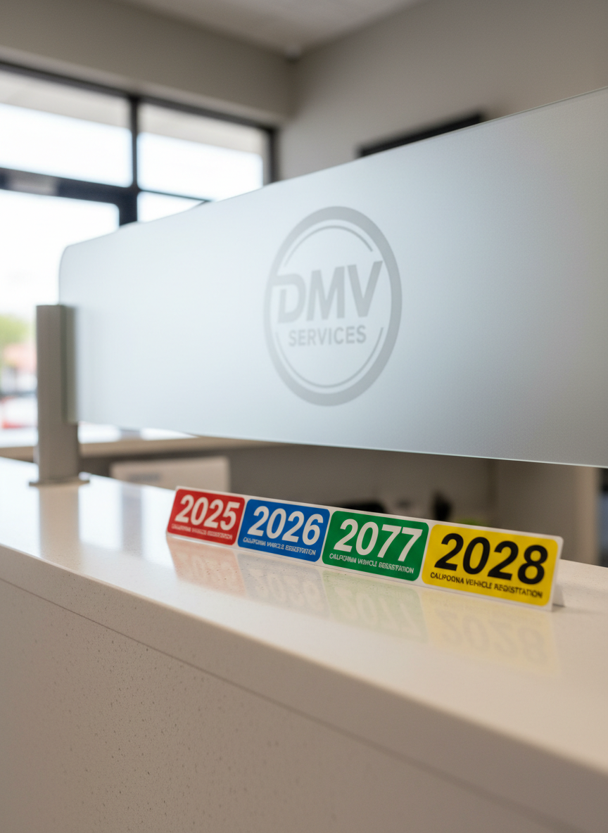 California DMV registration services at SB Auto Registration, featuring a row of neatly arranged, color-coded California vehicle registration stickers for auto plates and vehicle license plates, representing registration renewals, out of state vehicle registration, and vehicle title transfer services.