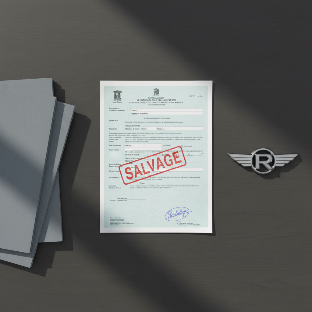 A slightly worn but intact salvage vehicle title with official red 'Salvage' marking, centered on a matte charcoal desk with faintly visible wood grain. Next to it rests a small, chrome-plated car emblem, hinting at the vehicle’s renewed status. The desktop is immaculate and the surrounding area features a few organized legal folders in slate grey. Soft daylight from the side bathes the scene, lending contrast to the title’s text and creating gentle shadows under edges. Captured from a top-down, bird’s-eye perspective, the image boasts clean lines and a balanced layout, exuding authority, professionalism, and nuanced realism in a DMV transaction context.