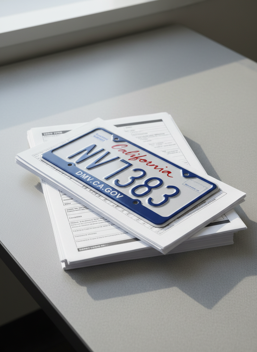 A glossy California license plate, newly issued, resting atop a neatly bundled stack of DMV paperwork with crisp edges and clean forms. The documents are spread out on a smooth, light grey desk surface featuring subtle textural details for visual interest. The space is uncluttered, with a structured corporate aesthetic and minimal decorative elements. Soft diffused daylight from an unseen window creates gentle highlights and faint shadows, highlighting the plate’s embossed lettering. Captured from a slightly elevated angle, the composition is balanced and centered, conveying professionalism and efficiency. Photographic realism and neutral tones emphasize the administrative process, fitting the corporate, trustworthy personality of the site.