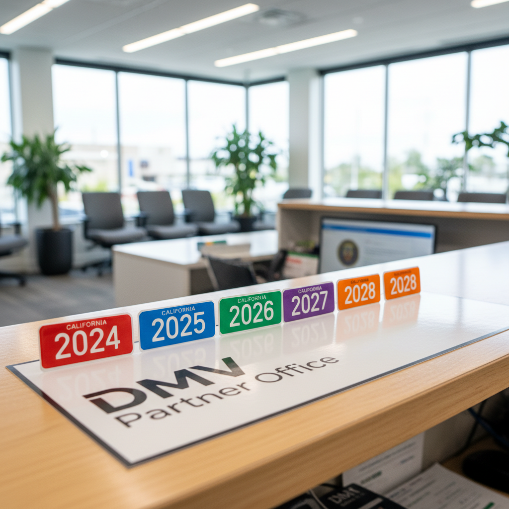 California auto plates and California vehicle license plates with color-coded tags representing DMV registration services, renewal processing, and out of state vehicle registration.