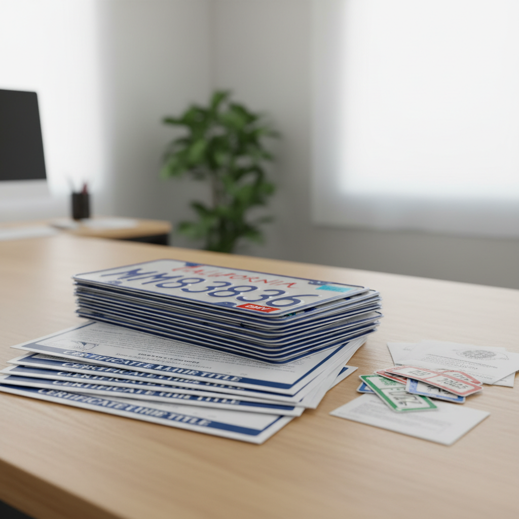 Stack of California auto plates, vehicle titles, registration tags, and license plates representing DMV registration services, salvage vehicle registration, vehicle title transfer, and VIN verification for out of state vehicle registration.